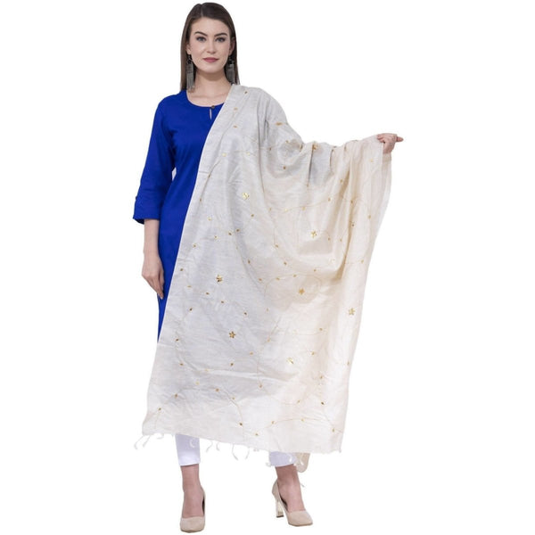 A R Silk Women's Zari Embroidery Pure Tussar Silk Light Golden Dupattas and Chunnis