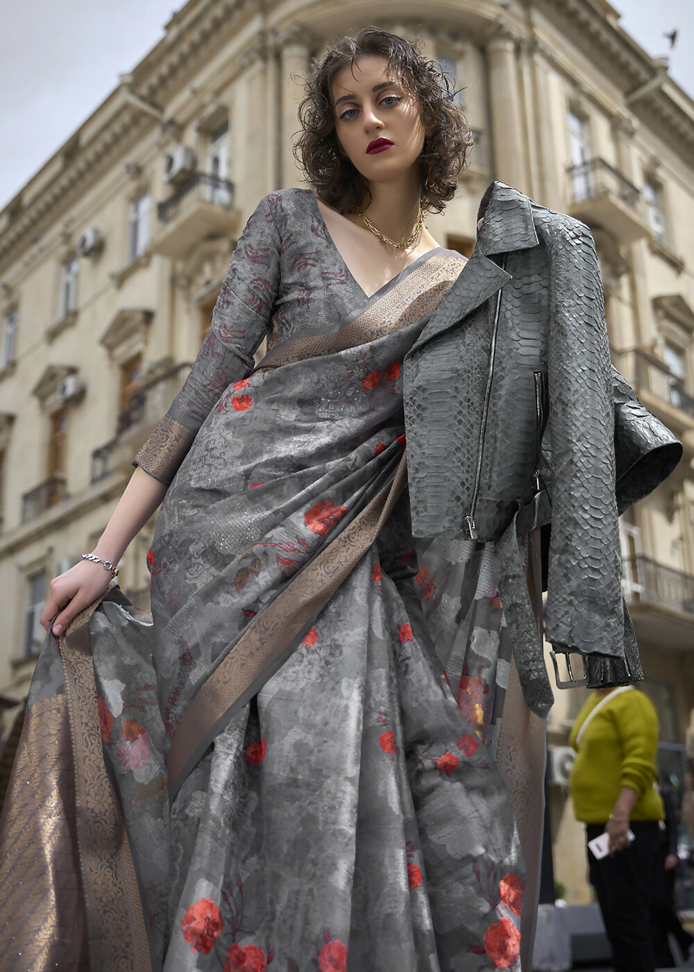 Lovely Dark Grey Polly Brasso Designer Saree - Emponline - Distacart