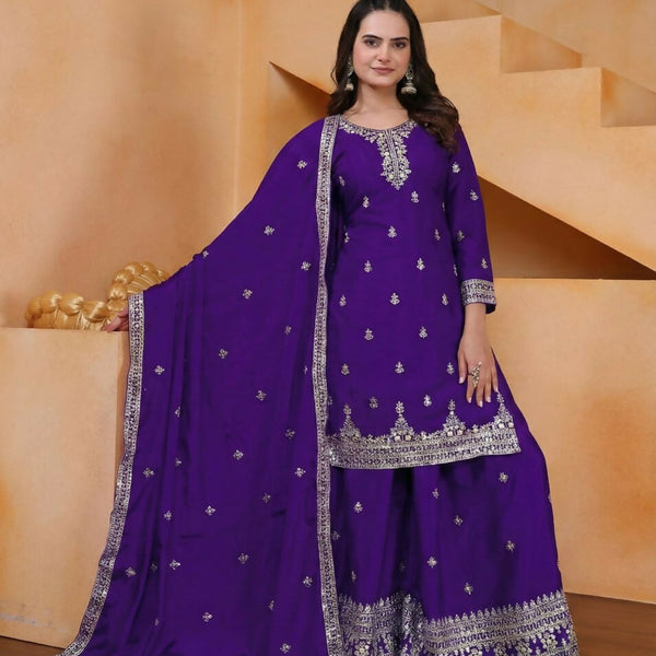 Teeya Creation Purple Color Chinon Silk Wedding Wear Trending Palazzo Set - Distacart