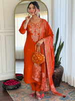 Thumbnail for The52 Rust Women's Gorgeous Roman Silk Fabric Straight Kurta, Pant and Dupatta Set - Distacart