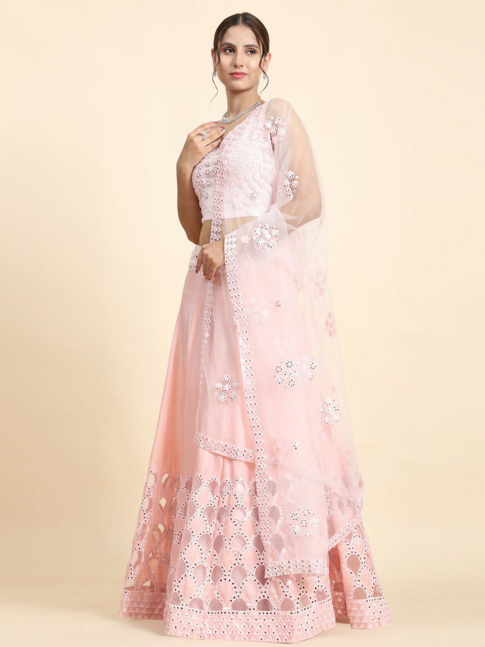 Jyoti Fashion Dreamy Baby Pink Silk Thread with Paper Mirror & Cut work Lehenga Choli with Dupatta - Distacart