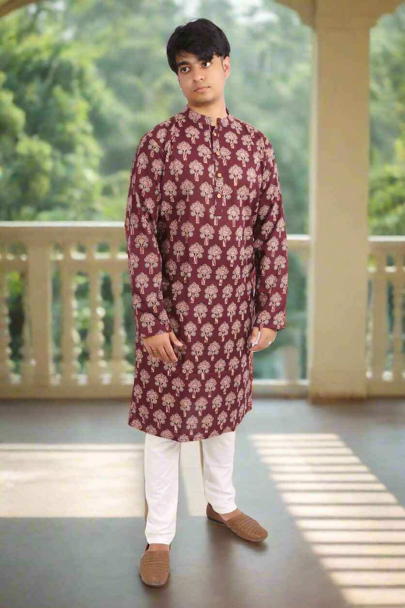 Souchii Men Burgundy Pure Cotton Ethnic Motif Printed Straight Kurta
