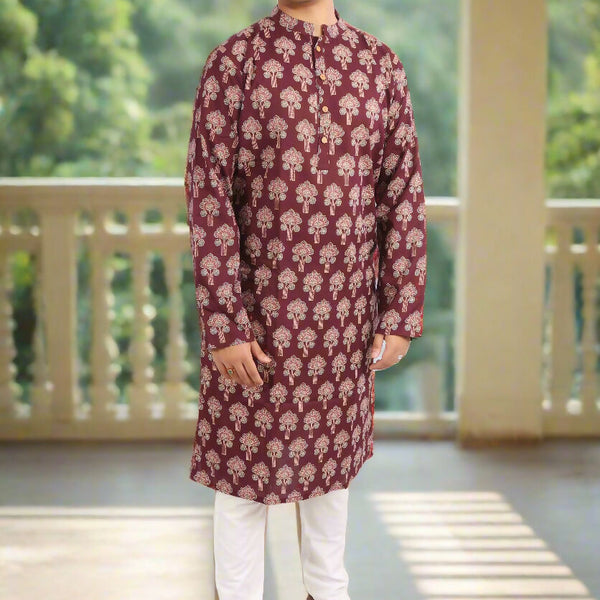 Souchii Men Burgundy Pure Cotton Ethnic Motif Printed Straight Kurta