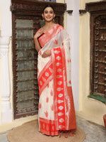 Thumbnail for Astita White & Red Linen Cotton Saree