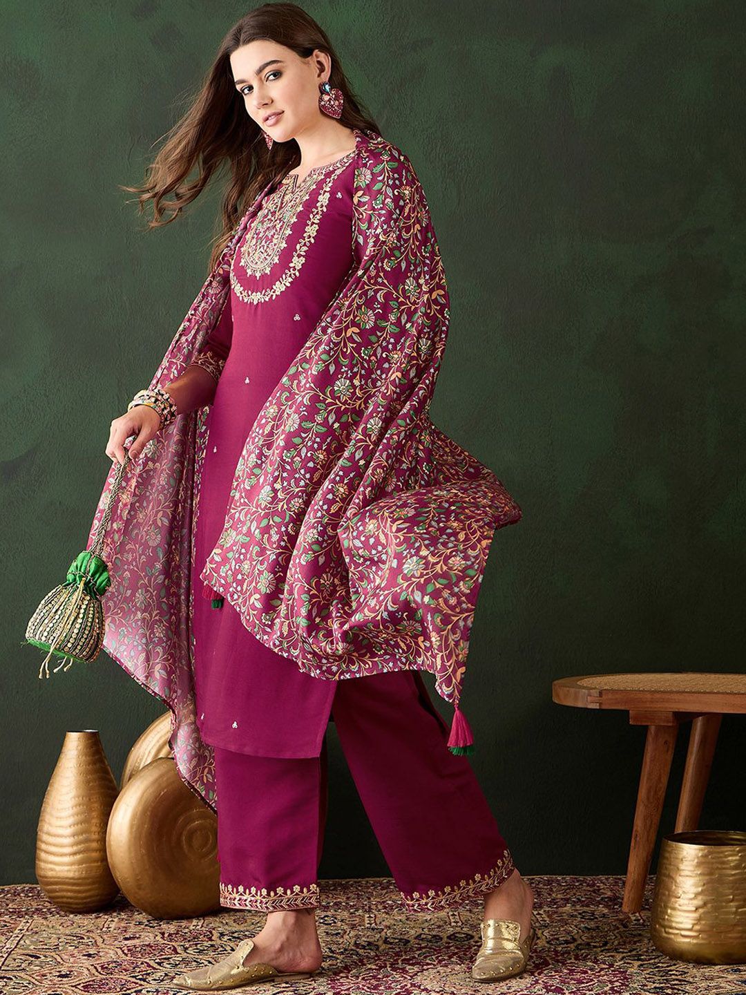 Sangria Embroidered Kurta & Trouser With Dupatta - Distacart