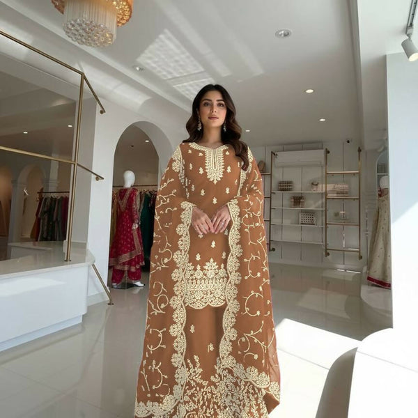 Teeya Creation Peach Pure Silk Gimmy Silk Heavy Embroidery Work Wedding Wear Palazzo Pair - Distacart
