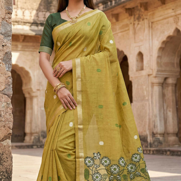 Vastranavya Yellow Muga Cotton Meenakari & Azarakh Pallu Saree with Contrast Blouse - Distacart