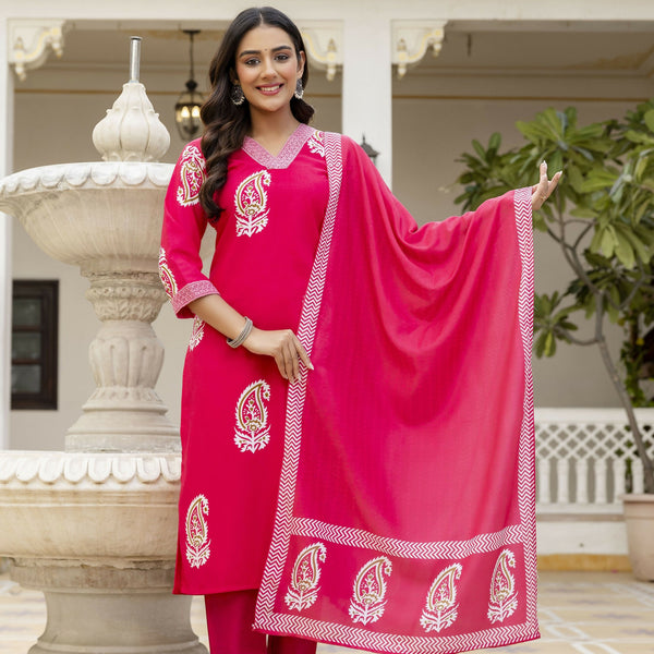 The52 Women's Beautiful Rayon Fabric Printed Work Straight Kurta Pant and Dupatta Set - Distacart