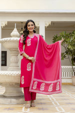 Thumbnail for The52 Women's Beautiful Rayon Fabric Printed Work Straight Kurta Pant and Dupatta Set - Distacart
