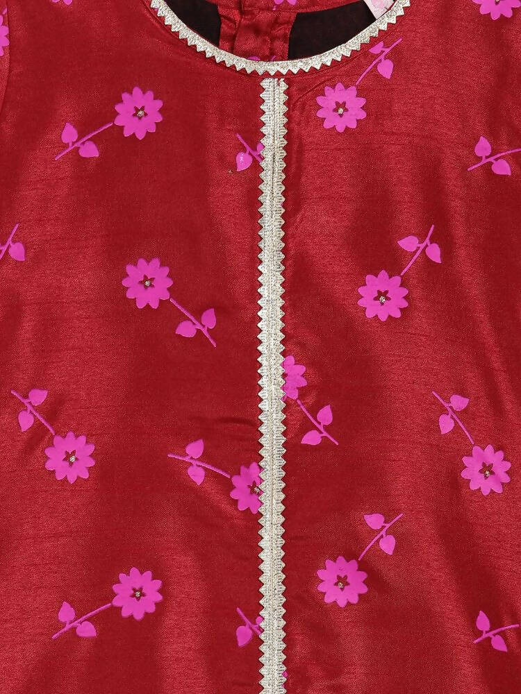 Ahalyaa Red Poly Silk Straight Printed Kids Kurta Palazzo Set For Girls - Distacart