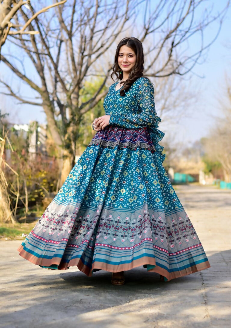 Jyoti Fashion Women's Blue Heavy Digital Printed Cotton Silk Anarkali Dress - Distacart
