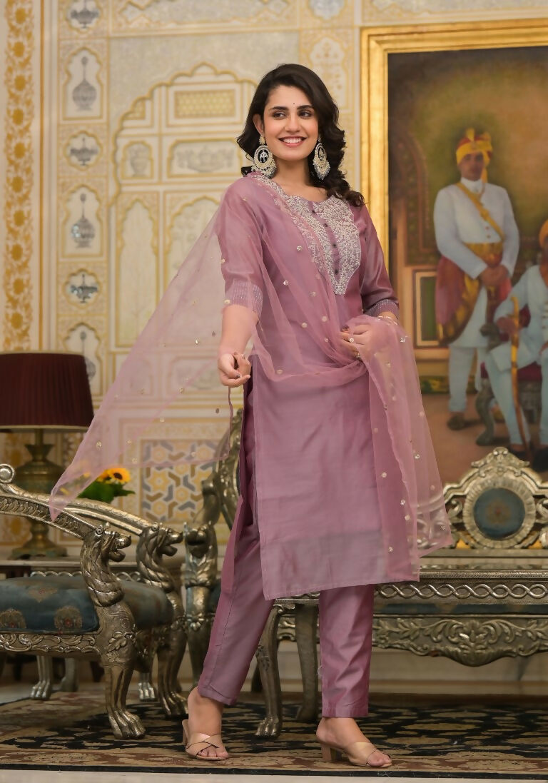 Partywear Designer Rose gold Cotton Silk Stitched Suit With Dupatta - Tanisha - Distacart
