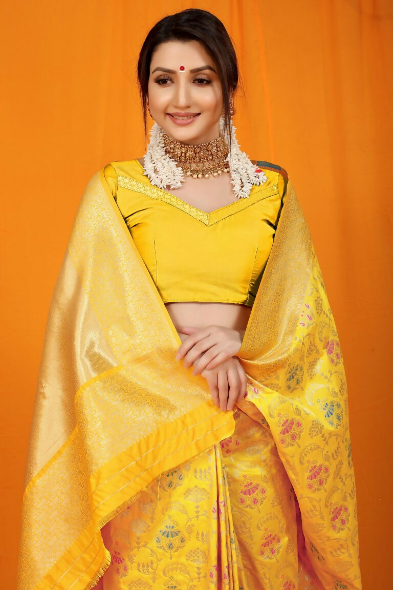 Jyoti Fashion Women's Yellow Kanjivaram Silk Zari Woven Saree with Blouse - Distacart
