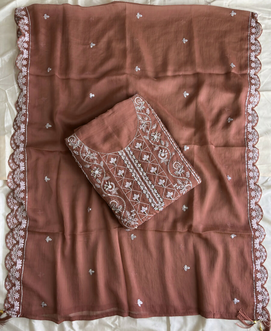 KC Peach Pakistani Straight Suit For Women Chiffon - Dista