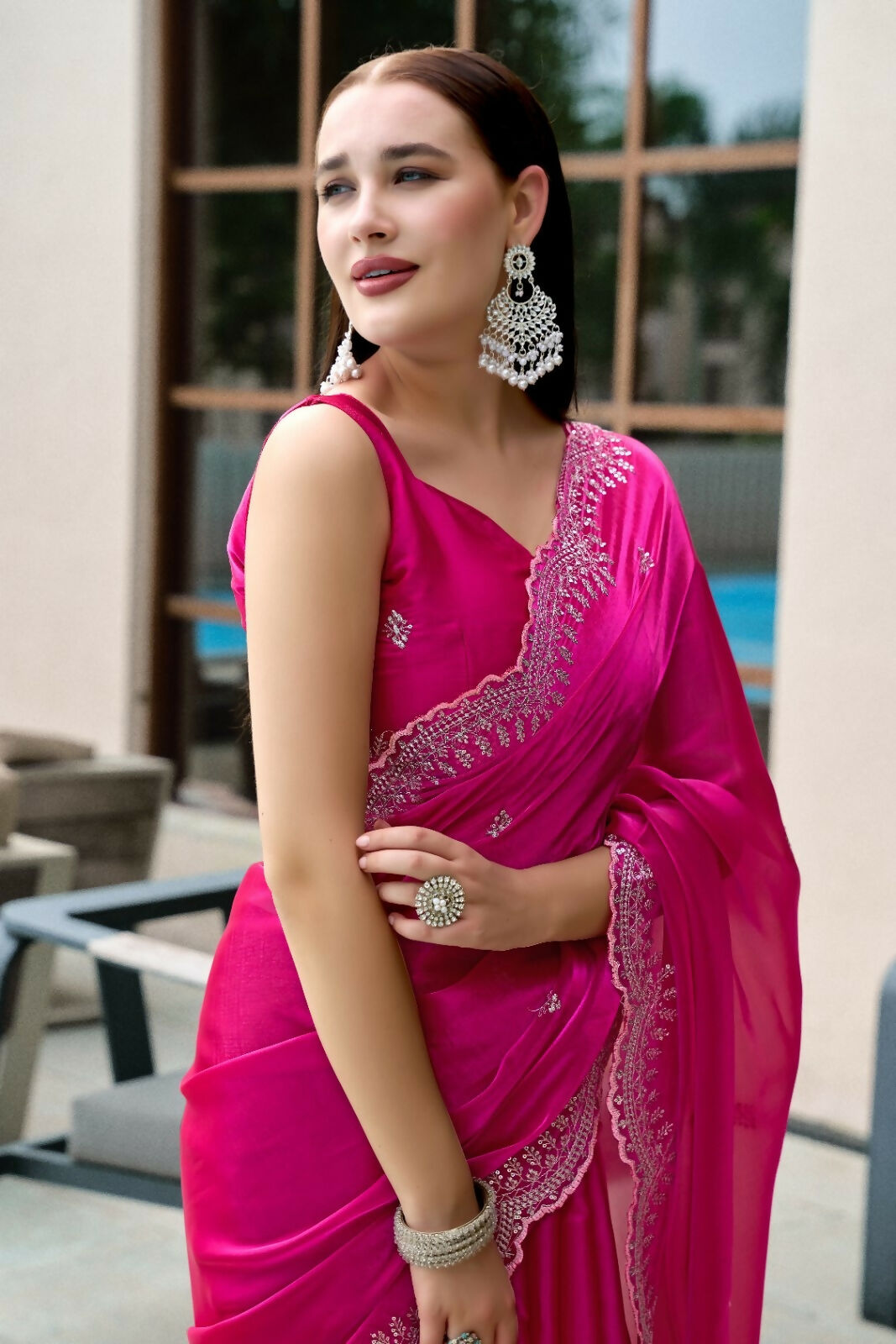 Vastranavya Pink Embroidery Work Shimmer Chiffon Saree with Unstitched Blouse