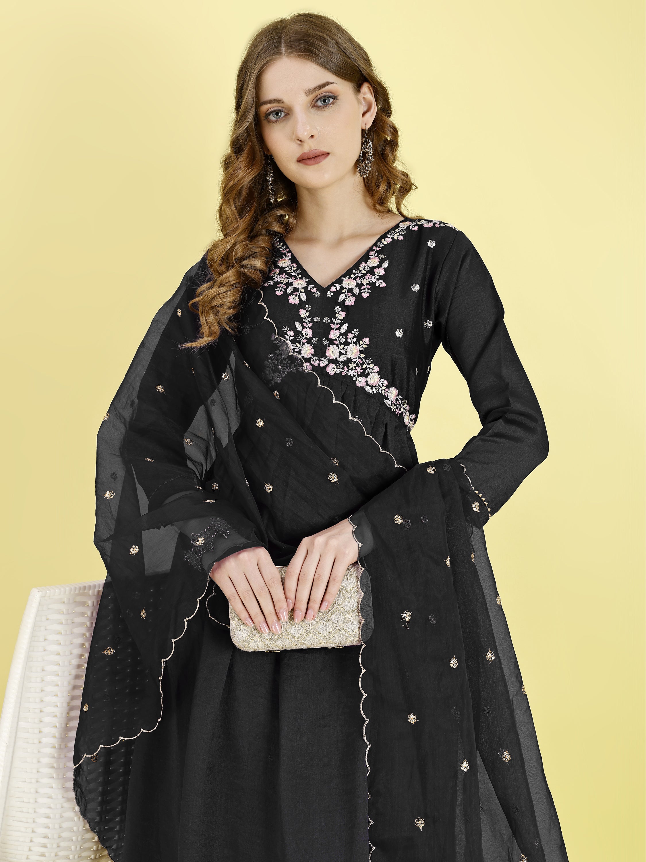 Yash Enterprise Black Vichitra Silk Embroidery Party Wear Suit Set