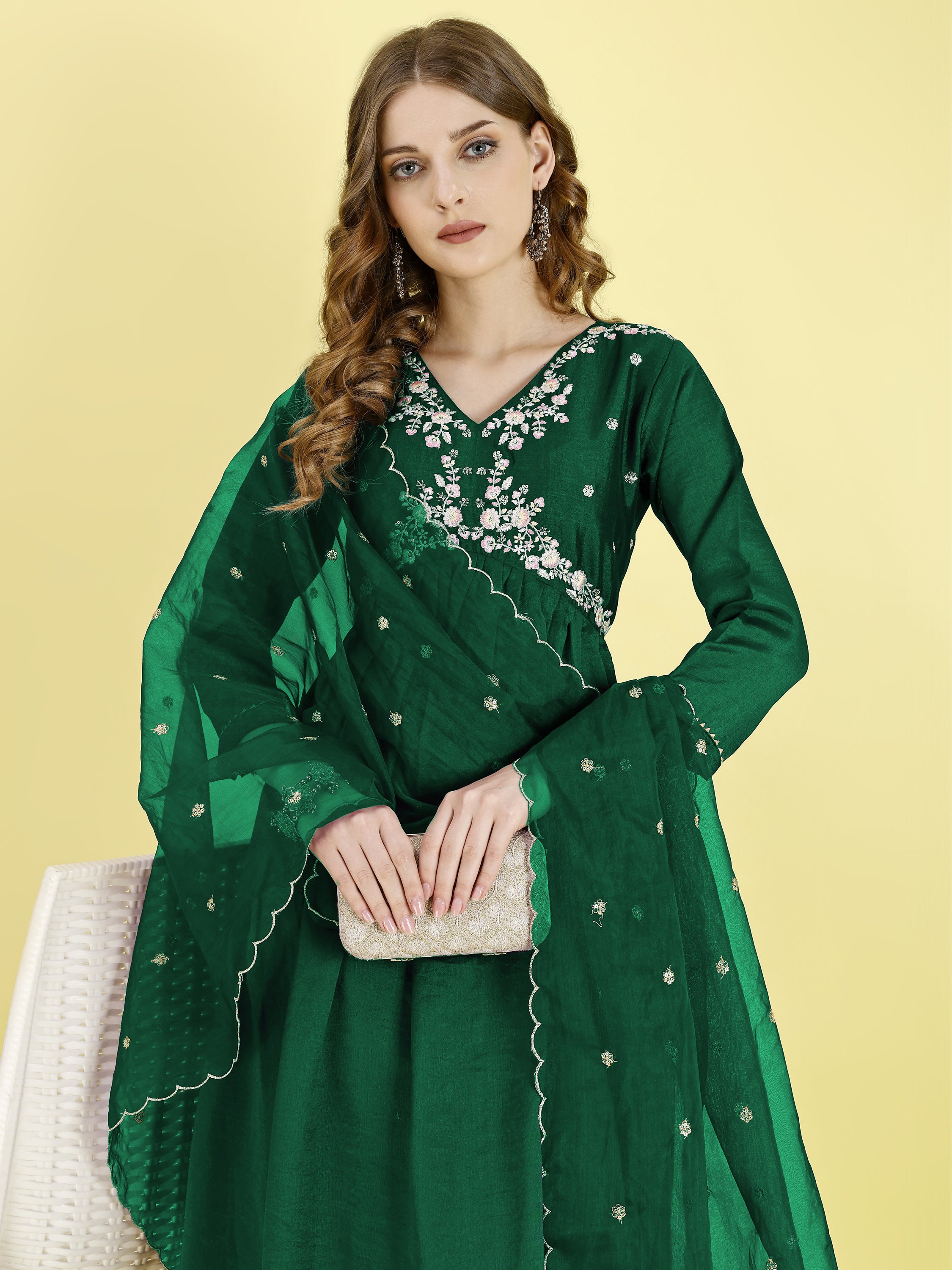 Yash Enterprise Green Vichitra Silk Embroidery Party Wear Suit Set