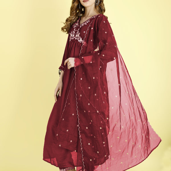 Yash Enterprise Maroon Vichitra Silk Embroidery Party Wear Suit Set