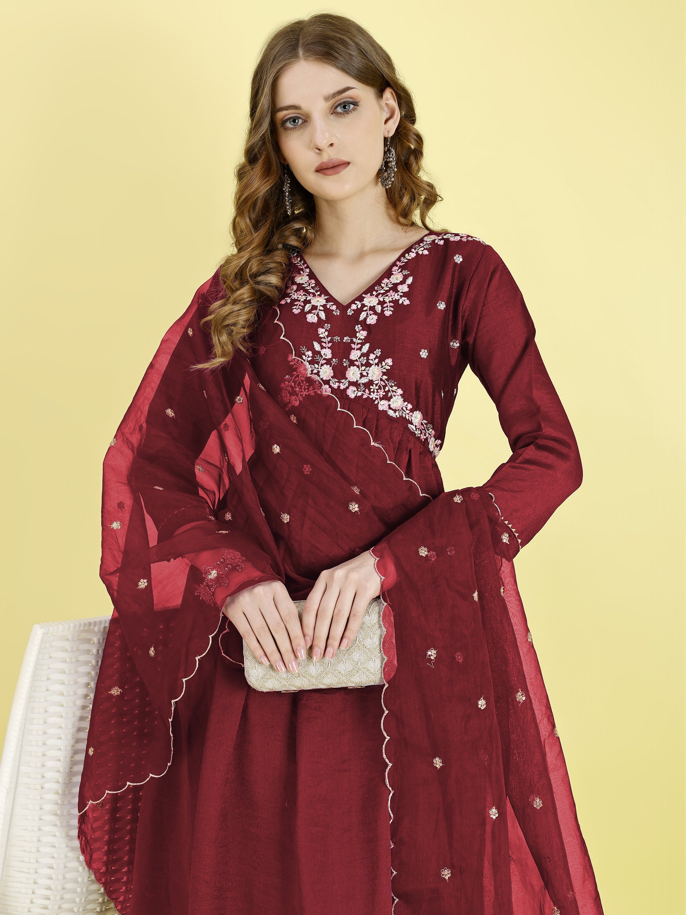Yash Enterprise Maroon Vichitra Silk Embroidery Party Wear Suit Set