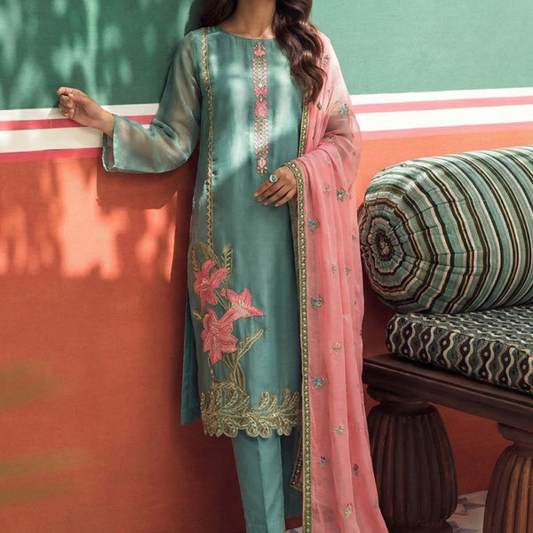 Vegaa Fashion Sky Blue Organza Fancy Zari Party Wear Suit - Distacart