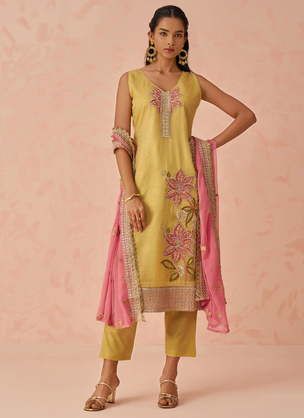 Vegaa Fashion Yellow Fancy Crush Embroidered Salwar Suit