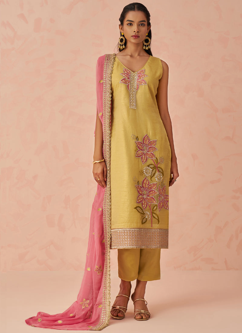 Vegaa Fashion Yellow Fancy Crush Embroidered Salwar Suit