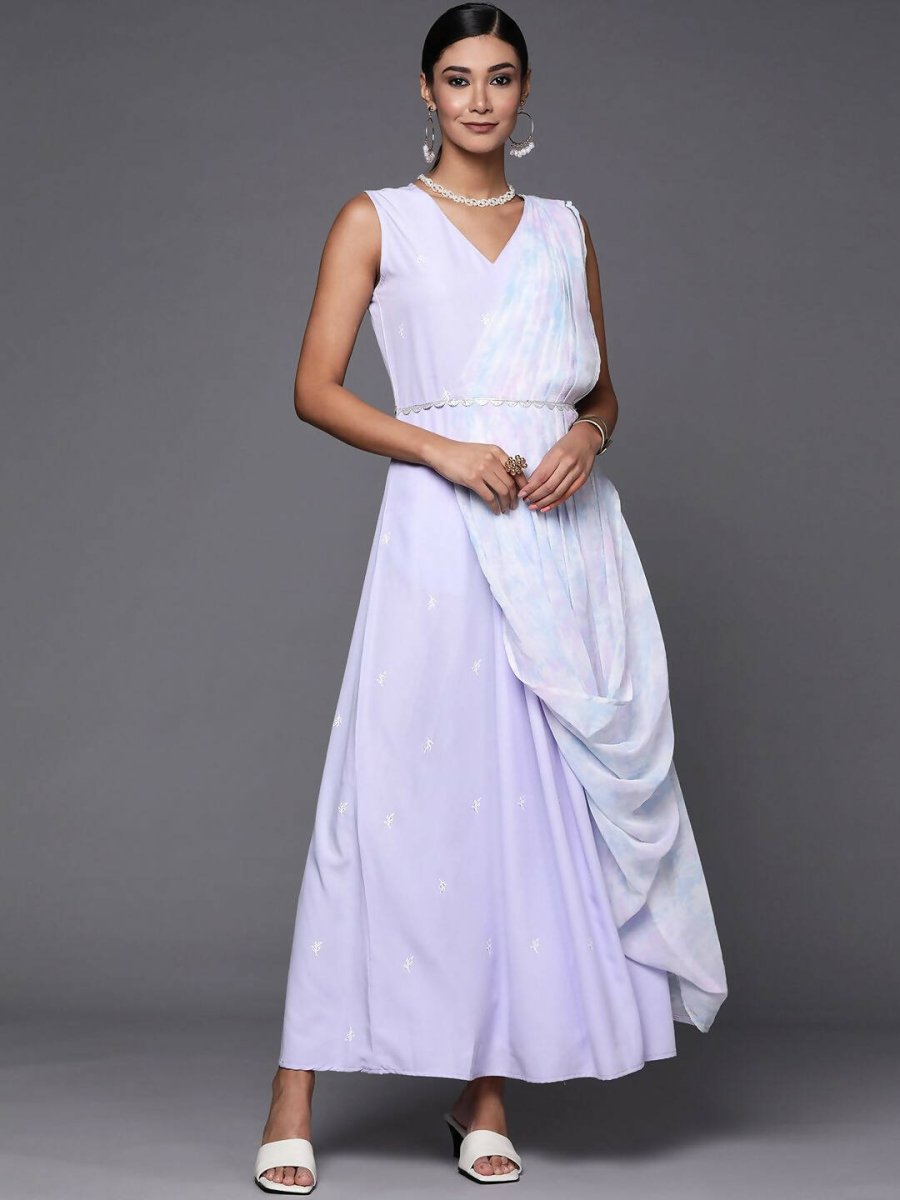 Ahalyaa Blue & White Floral Print Ethnic Maxi Dress with Attached Dupatta - Distacart