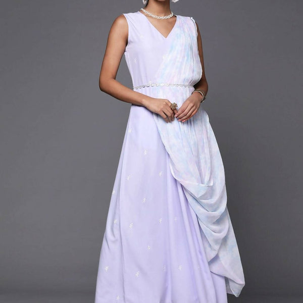 Ahalyaa Blue & White Floral Print Ethnic Maxi Dress with Attached Dupatta - Distacart