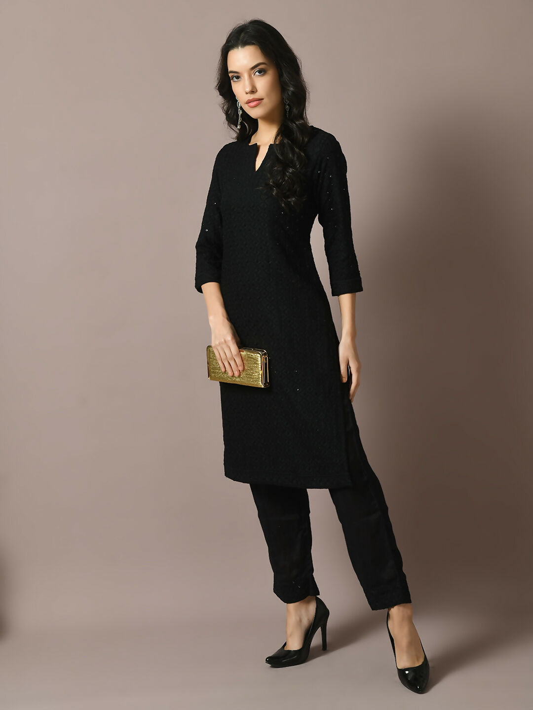 Myshka Women's Black Embroidered Cotton Straight Party Kurta Set - Distacart
