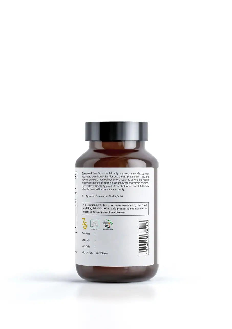 A bottle of Amruthotharam Kwath tablets by Kerala Ayurveda, labeled as maintaining healthy metabolism with 90 tablets inside along with instructions to use.