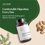 Thumbnail for Kerala Ayurveda supplement bottle with text about digestive relief on a green and beige background
