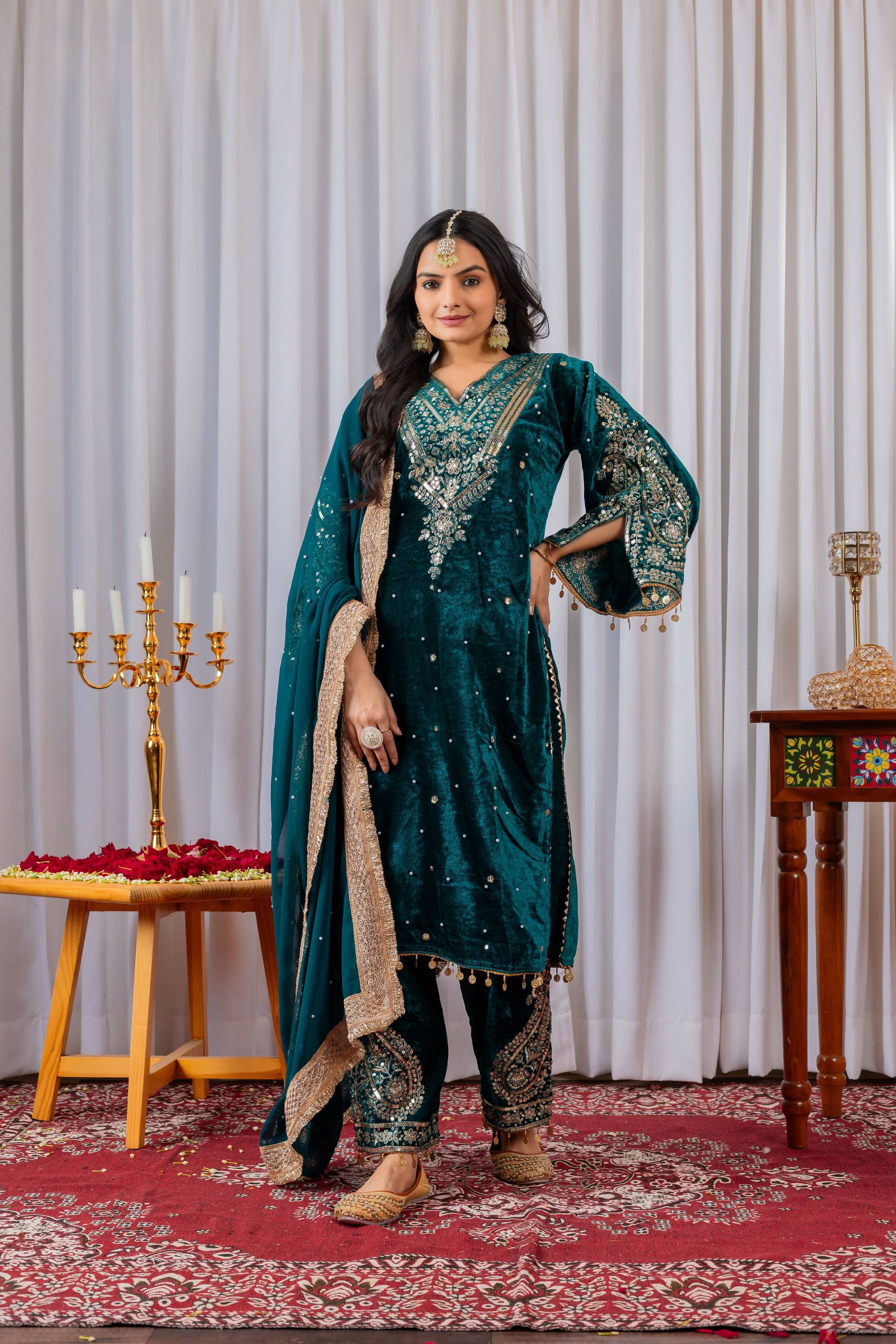 Teeya Creation Teal Color Velvet Silk Embroidery Work Party Wear Suit