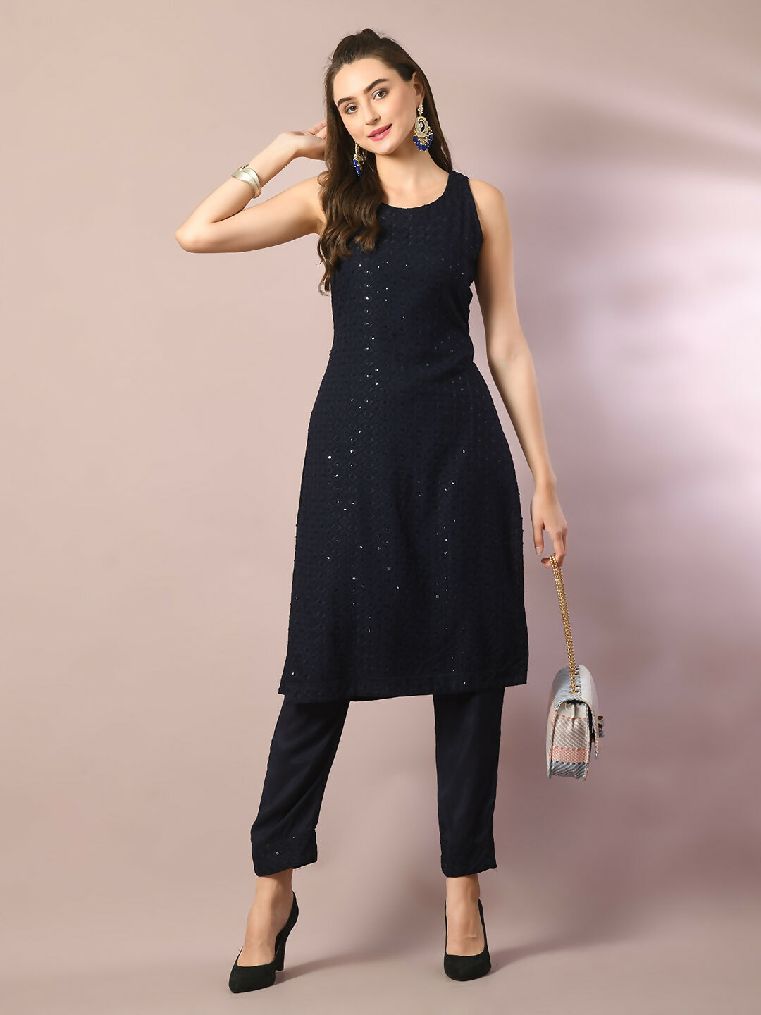 Myshka Women's Navy Blue Embroidered Cotton Straight Party Kurta Set - Distacart