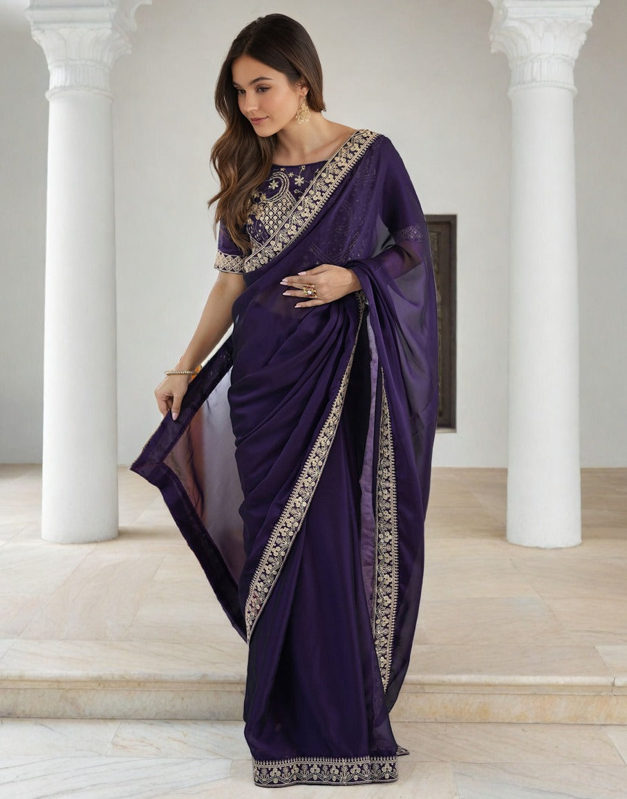 Lorenvalley Fashion Purple Rangoli Silk with Coding Sequence and Multi Lace Work Saree with Blouse
