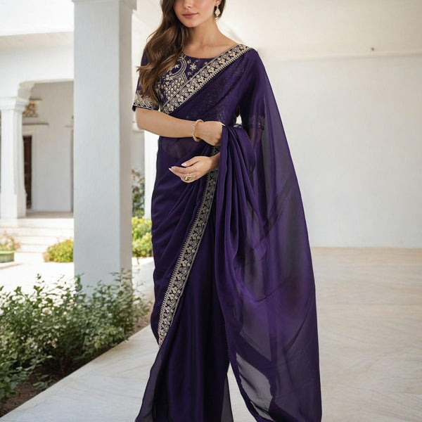 Lorenvalley Fashion Purple Rangoli Silk with Coding Sequence and Multi Lace Work Saree with Blouse - Distacart