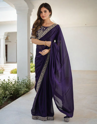Lorenvalley Fashion Purple Rangoli Silk with Coding Sequence and Multi Lace Work Saree with Blouse