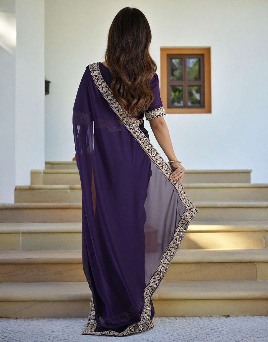 Lorenvalley Fashion Purple Rangoli Silk with Coding Sequence and Multi Lace Work Saree with Blouse