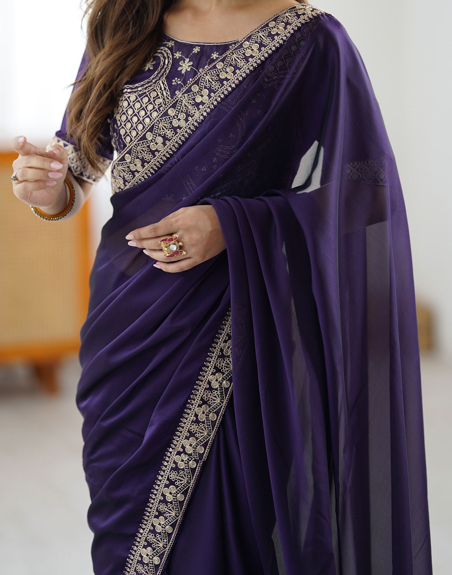 Lorenvalley Fashion Purple Rangoli Silk with Coding Sequence and Multi Lace Work Saree with Blouse