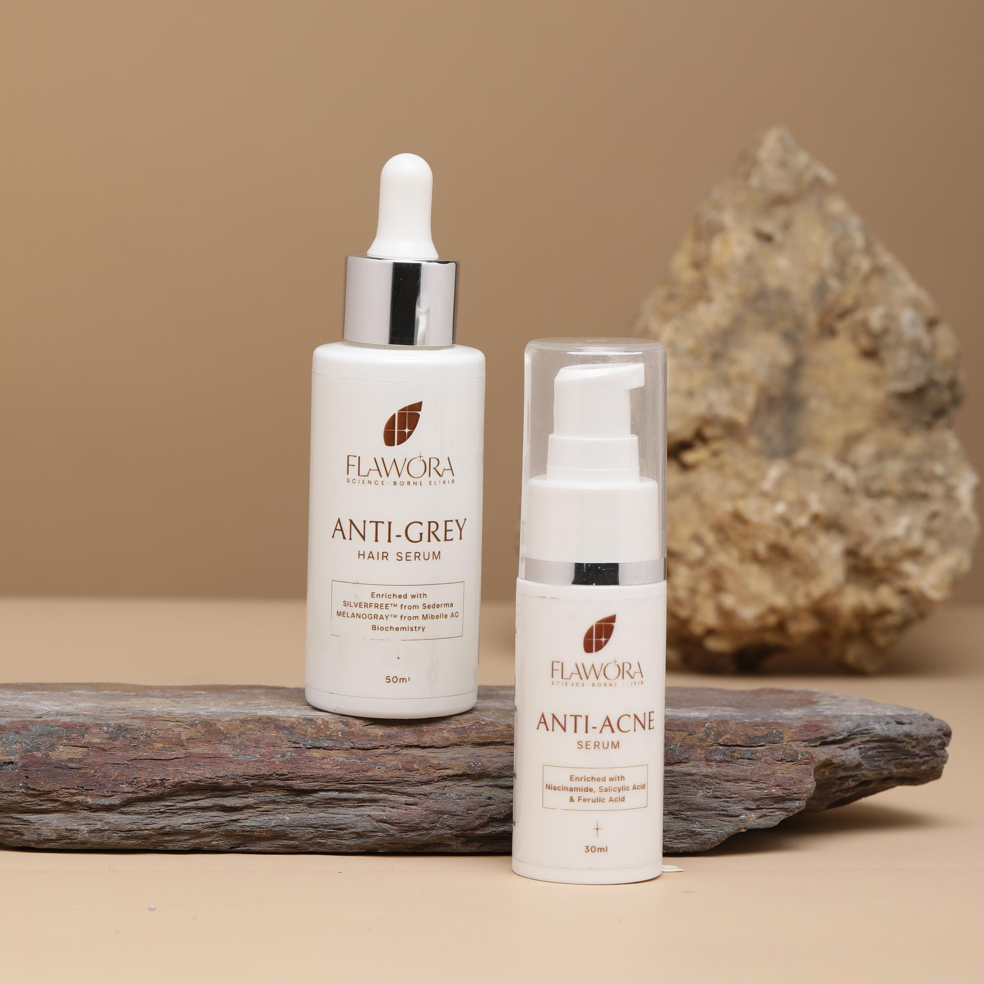 Flawora Anti-Grey Hair Serum For Reversing Grey Hair and Anti Acne Serum to reduce Blackheads and Open Pores