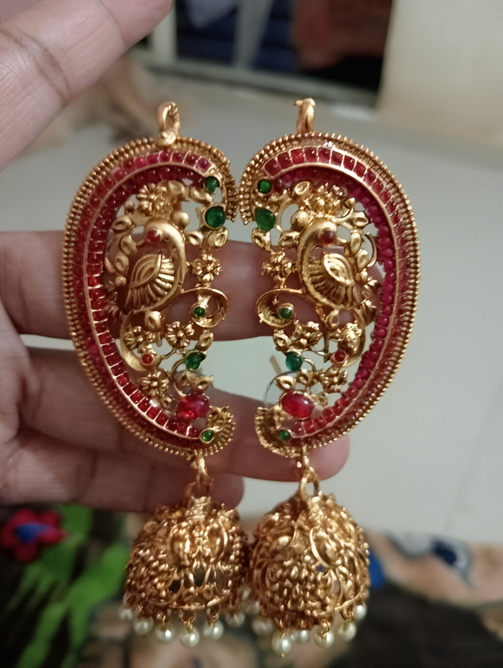 Jewel City Antique Gold Peacock Temple Jhumka Earrings Ruby & Emerald Traditional Earrings Handcrafted South Indian Bridal Jewelry