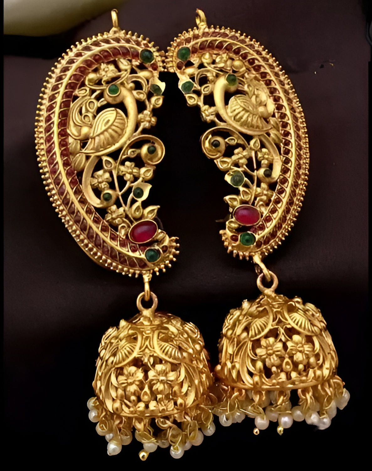 Jewel City Antique Gold Peacock Temple Jhumka Earrings Ruby & Emerald Traditional Earrings Handcrafted South Indian Bridal Jewelry