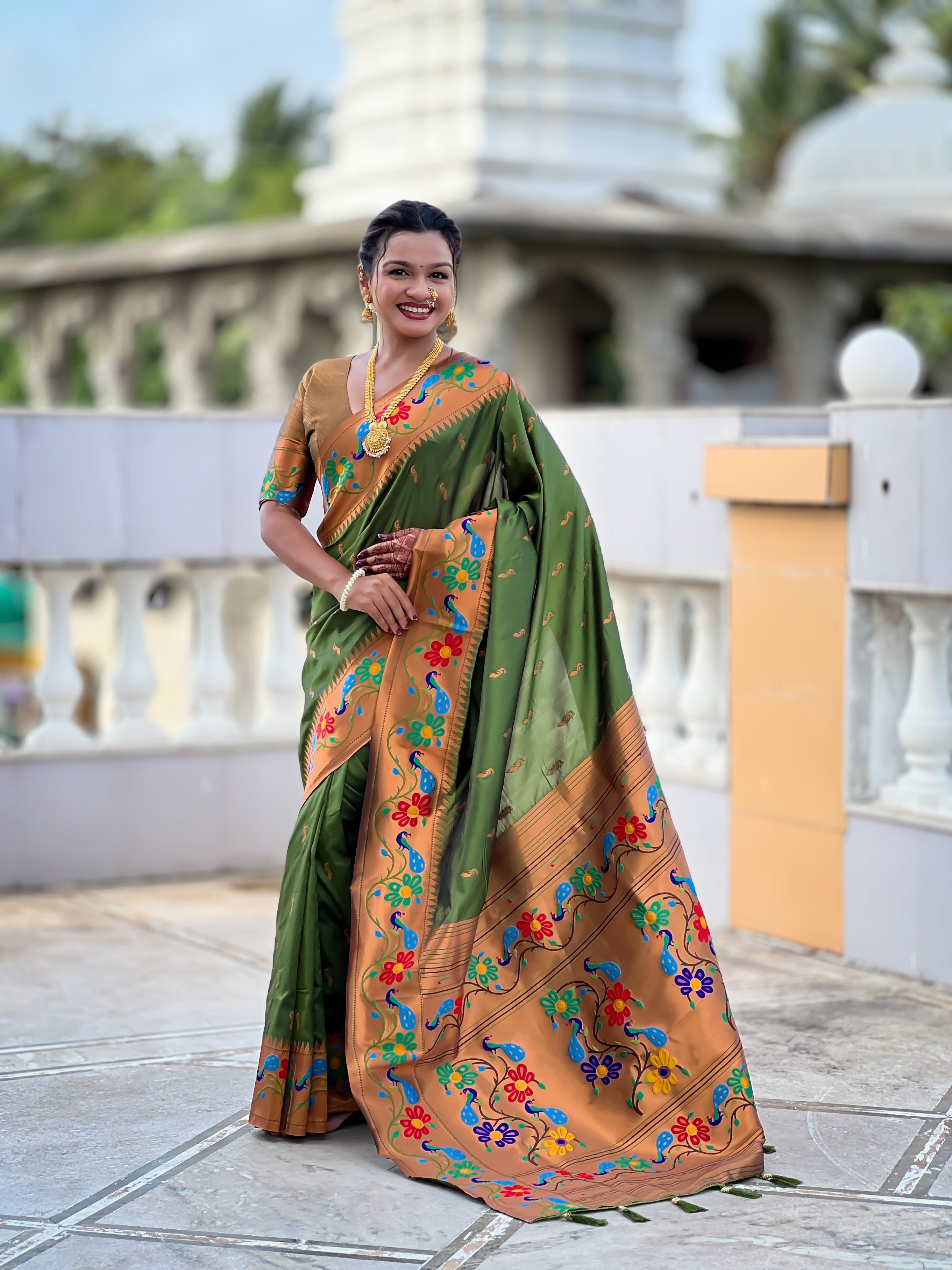 Vedant Vastram Soft Litchi Silk Paithani Jacquard Saree - Mahendi - Dista