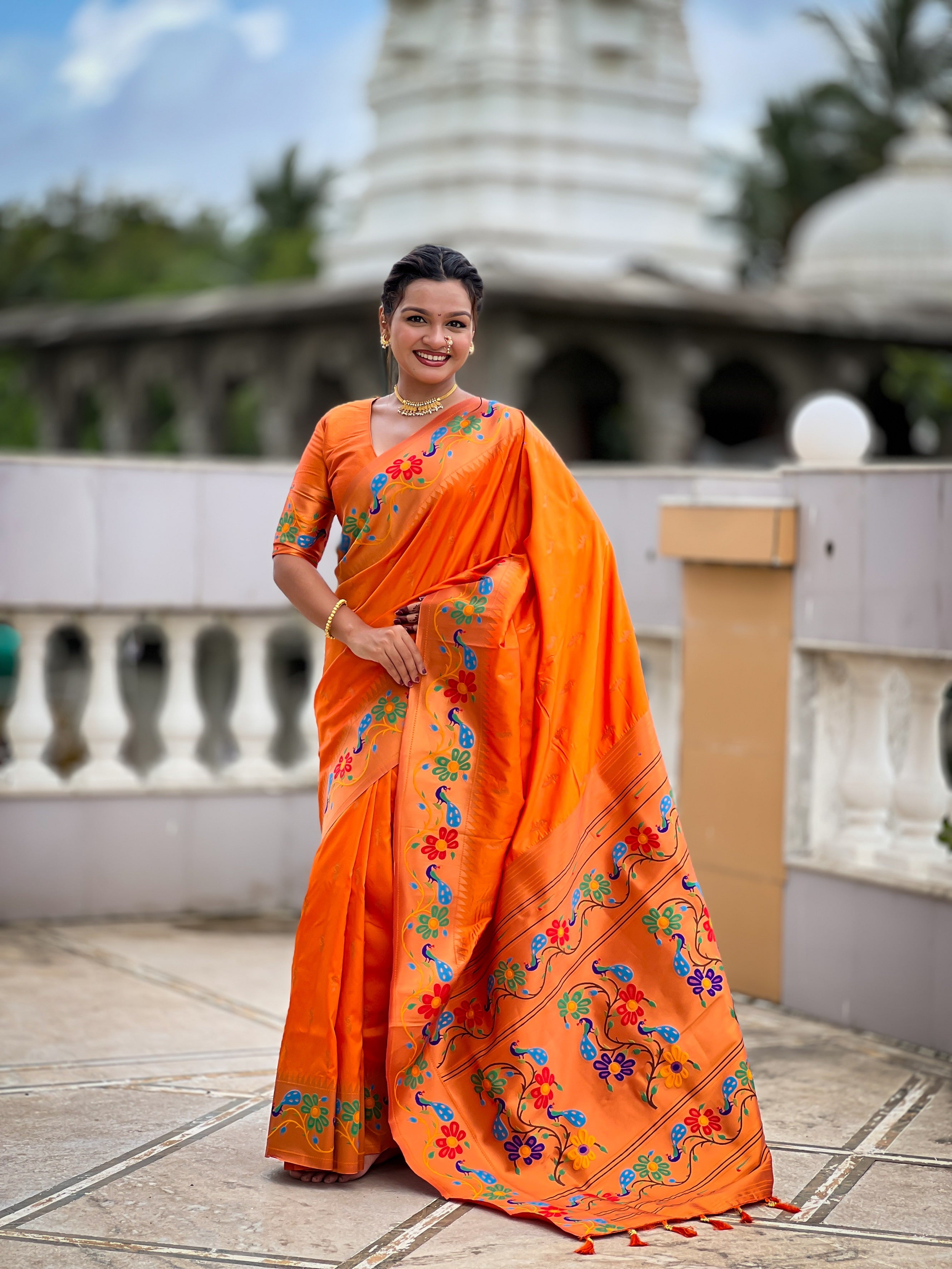 Vedant Vastram Soft Litchi Silk Paithani Jacquard Saree - Orange - Dista