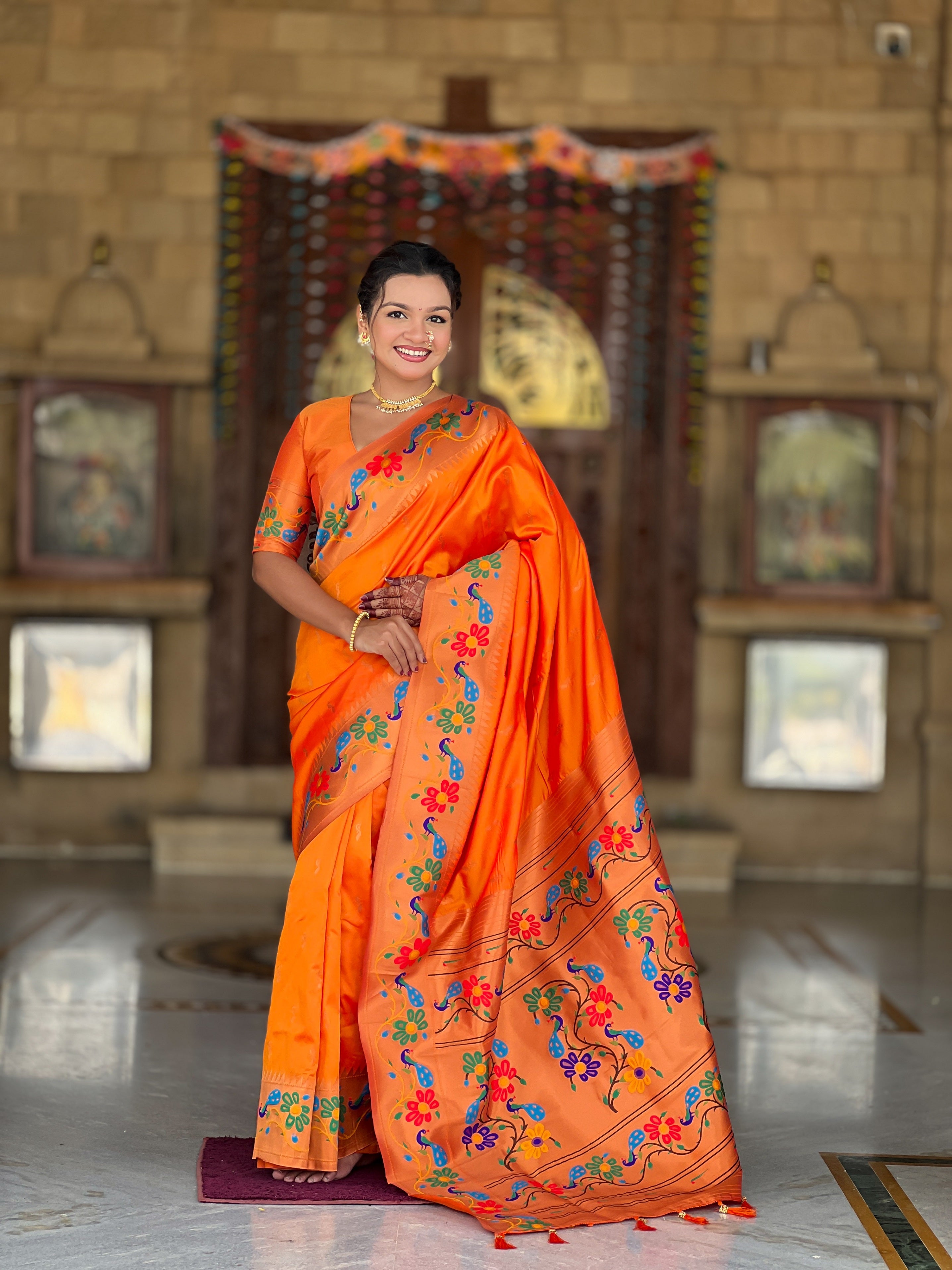 Vedant Vastram Soft Litchi Silk Paithani Jacquard Saree - Orange - Dista