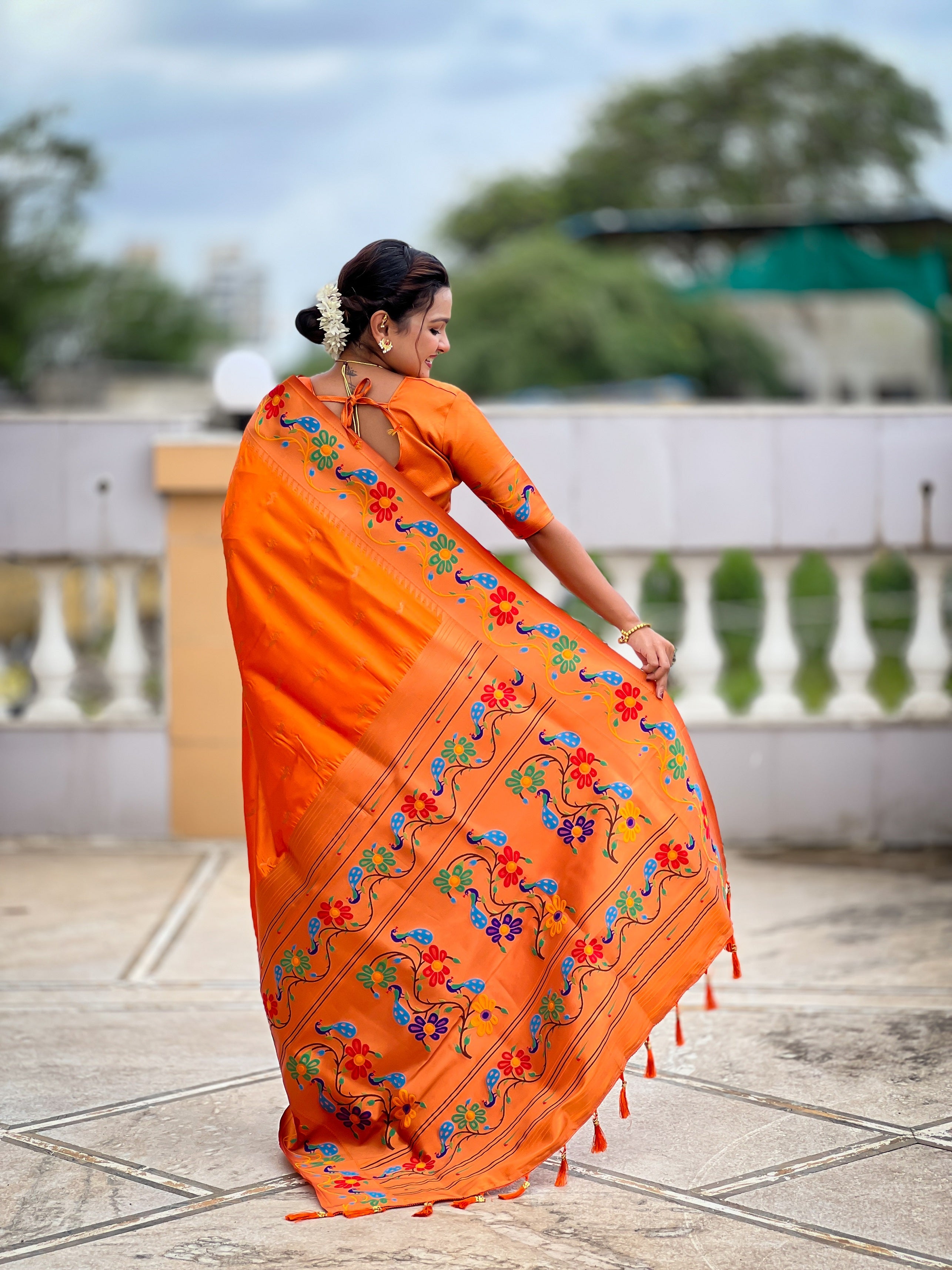 Vedant Vastram Soft Litchi Silk Paithani Jacquard Saree - Orange - Dista