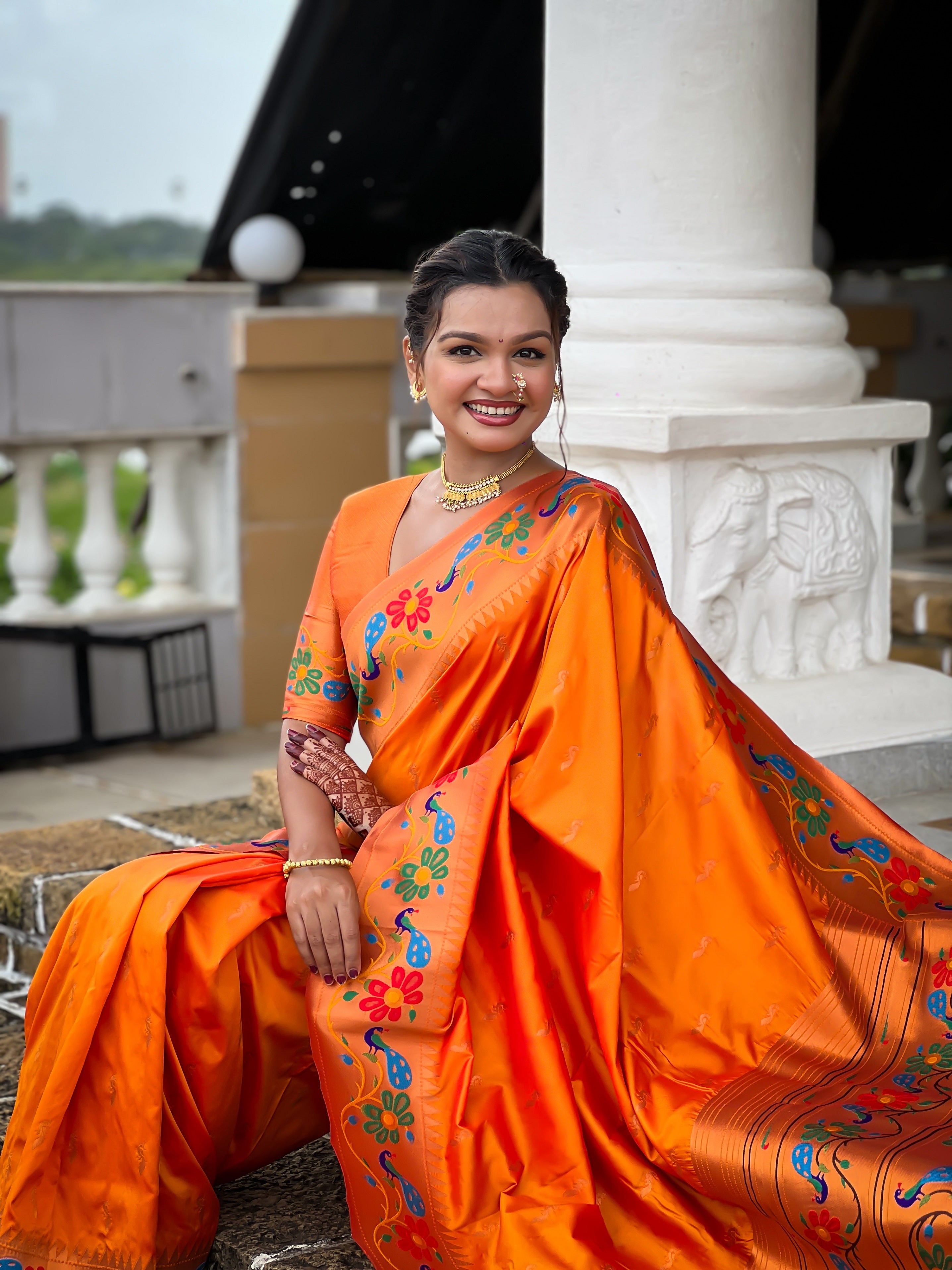 Vedant Vastram Soft Litchi Silk Paithani Jacquard Saree - Orange - Dista
