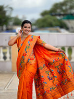 Thumbnail for Vedant Vastram Soft Litchi Silk Paithani Jacquard Saree - Orange - Dista