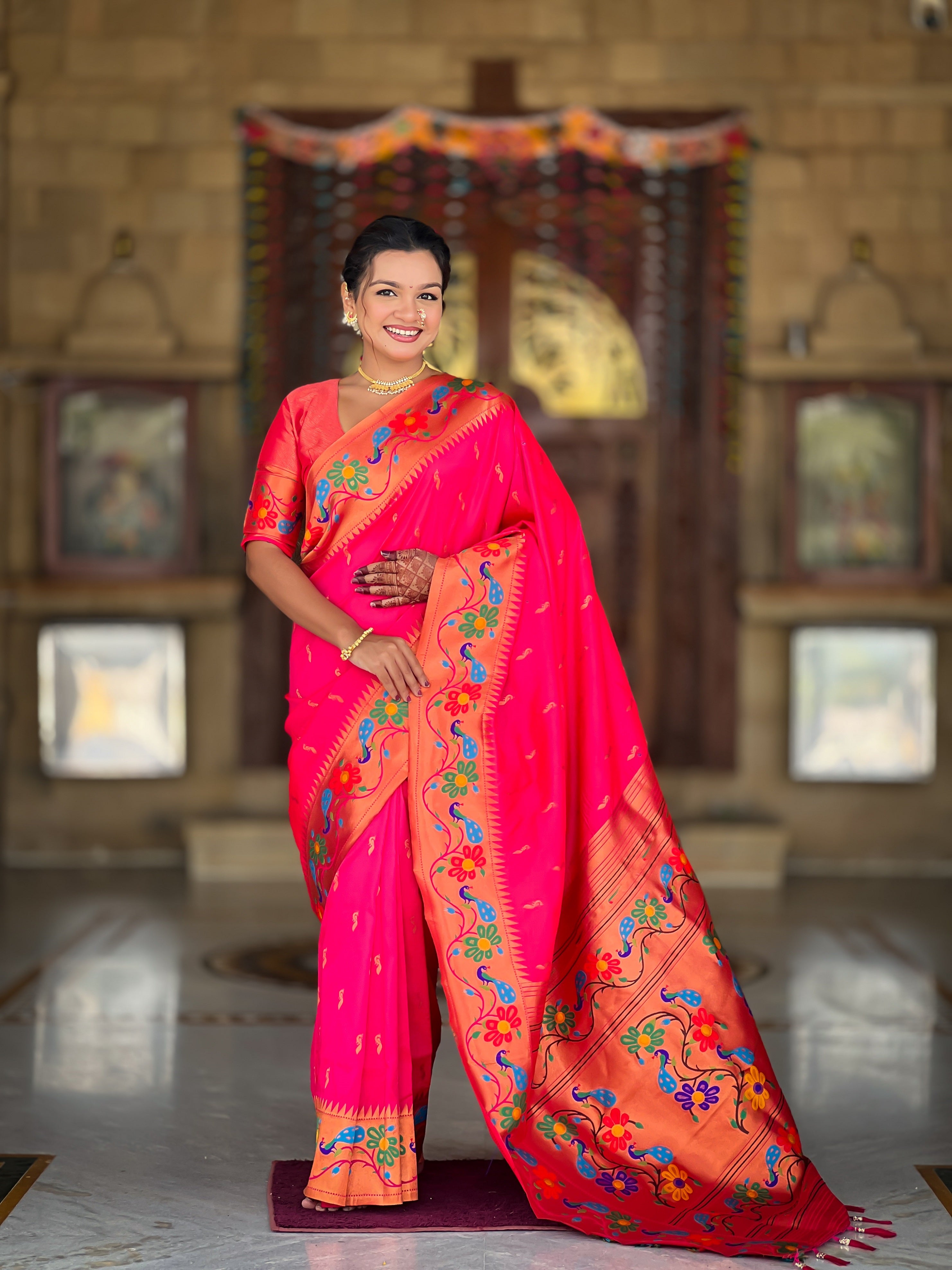 Vedant Vastram Soft Litchi Silk Paithani Jacquard Saree - Pink - Dista
