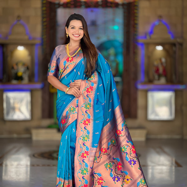 Vedant Vastram Soft Litchi Silk Paithani Jacquard Saree - Skyblue - Dista
