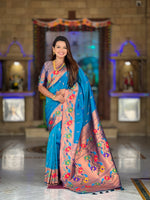 Thumbnail for Vedant Vastram Soft Litchi Silk Paithani Jacquard Saree - Skyblue - Dista